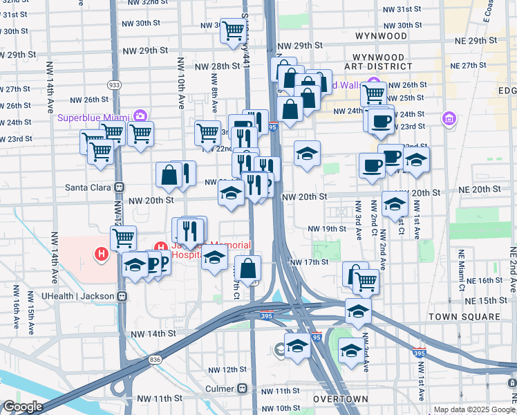 map of restaurants, bars, coffee shops, grocery stores, and more near 1953 Northwest 7th Avenue in Miami