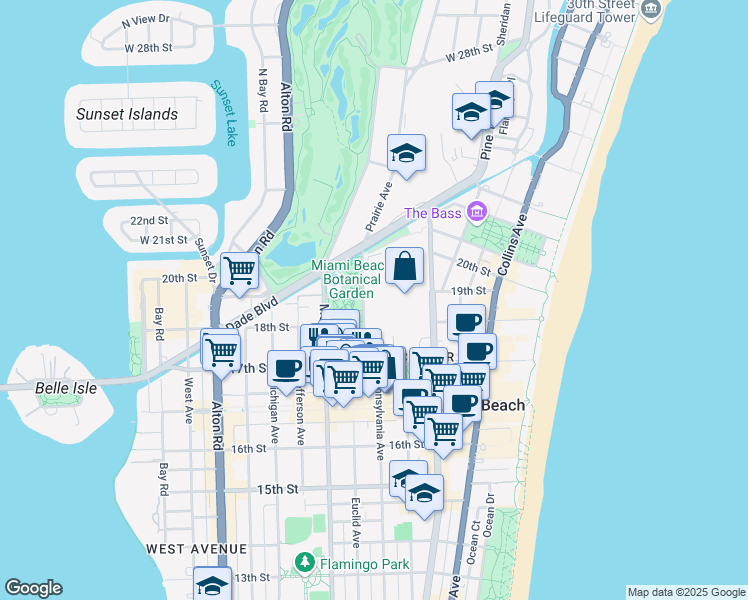 map of restaurants, bars, coffee shops, grocery stores, and more near 1901 Convention Center Drive in Miami Beach