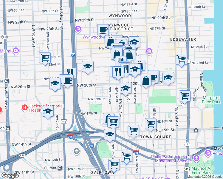 map of restaurants, bars, coffee shops, grocery stores, and more near 300 Northwest 19th Terrace in Miami