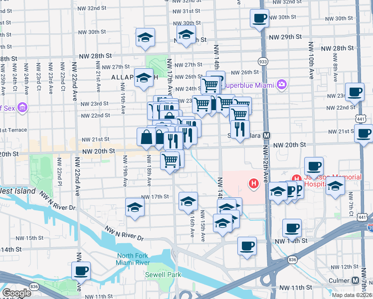 map of restaurants, bars, coffee shops, grocery stores, and more near 1525 Northwest 19th Terrace in Miami