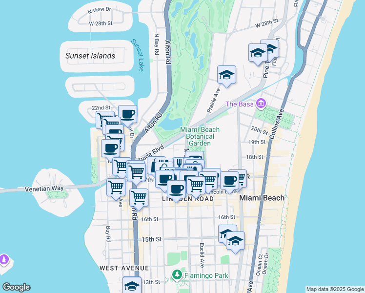 map of restaurants, bars, coffee shops, grocery stores, and more near 1821 Jefferson Avenue in Miami Beach