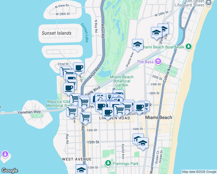 map of restaurants, bars, coffee shops, grocery stores, and more near 1853 Jefferson Street in Miami Beach