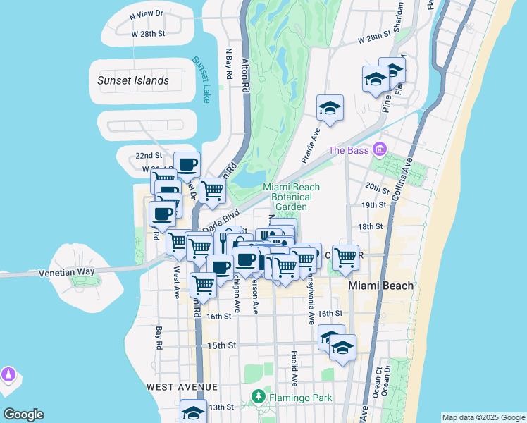 map of restaurants, bars, coffee shops, grocery stores, and more near 1853 Jefferson Avenue in Miami Beach