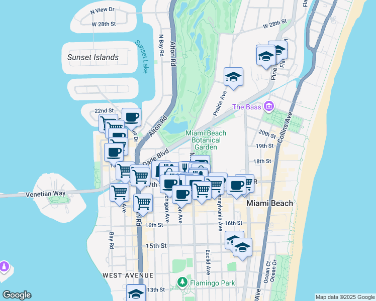 map of restaurants, bars, coffee shops, grocery stores, and more near 1850 Meridian Avenue in Miami Beach