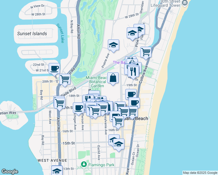 map of restaurants, bars, coffee shops, grocery stores, and more near 1901 Convention Center Drive in Miami Beach