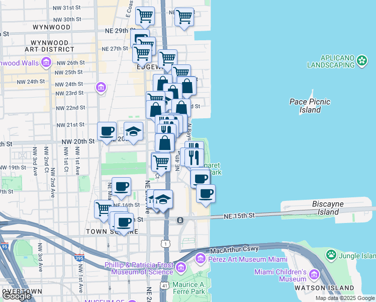 map of restaurants, bars, coffee shops, grocery stores, and more near 1803 North Bayshore Drive in Miami