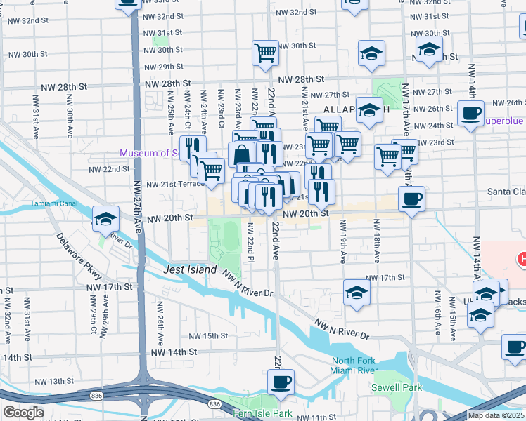 map of restaurants, bars, coffee shops, grocery stores, and more near 2060 Northwest 22nd Avenue in Miami