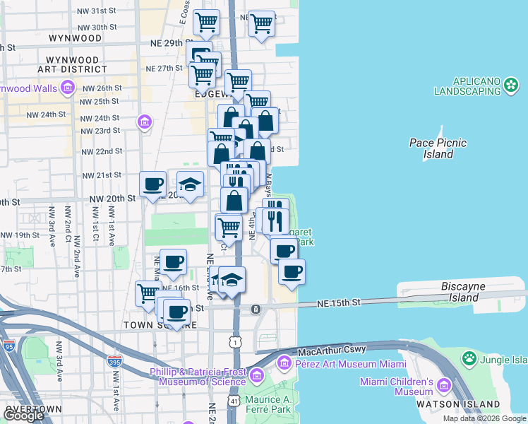 map of restaurants, bars, coffee shops, grocery stores, and more near 1900 North Bayshore Drive in Miami