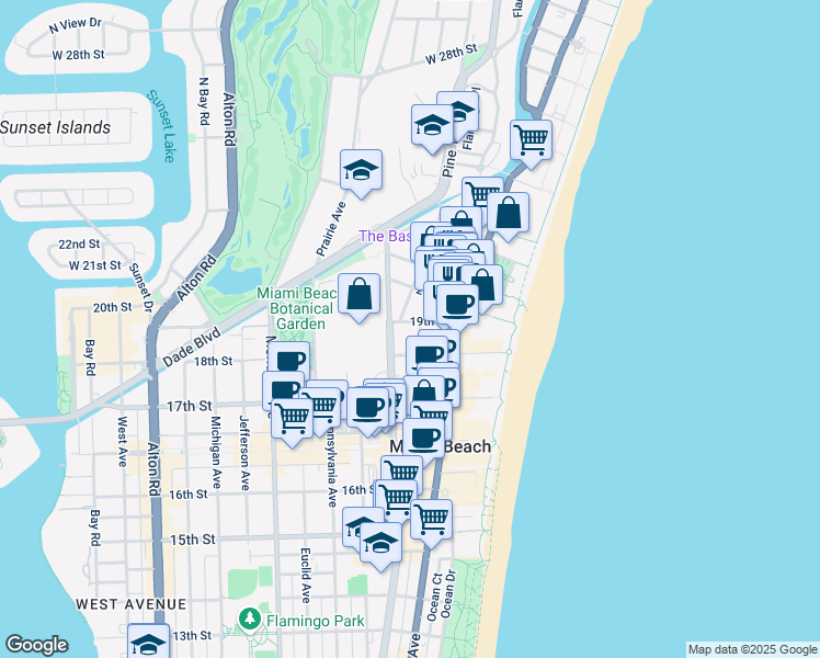 map of restaurants, bars, coffee shops, grocery stores, and more near 1935 Park Avenue in Miami Beach