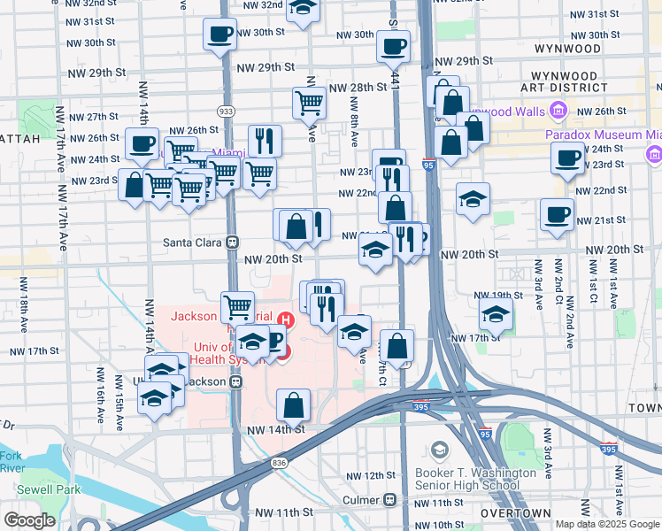 map of restaurants, bars, coffee shops, grocery stores, and more near 950 Northwest 20th Street in Miami