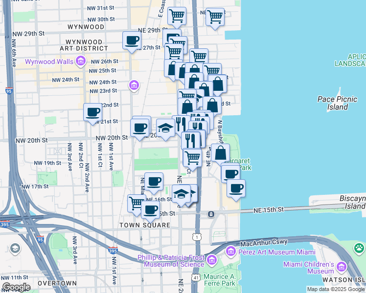 map of restaurants, bars, coffee shops, grocery stores, and more near 230 Northeast 20th Street in Miami