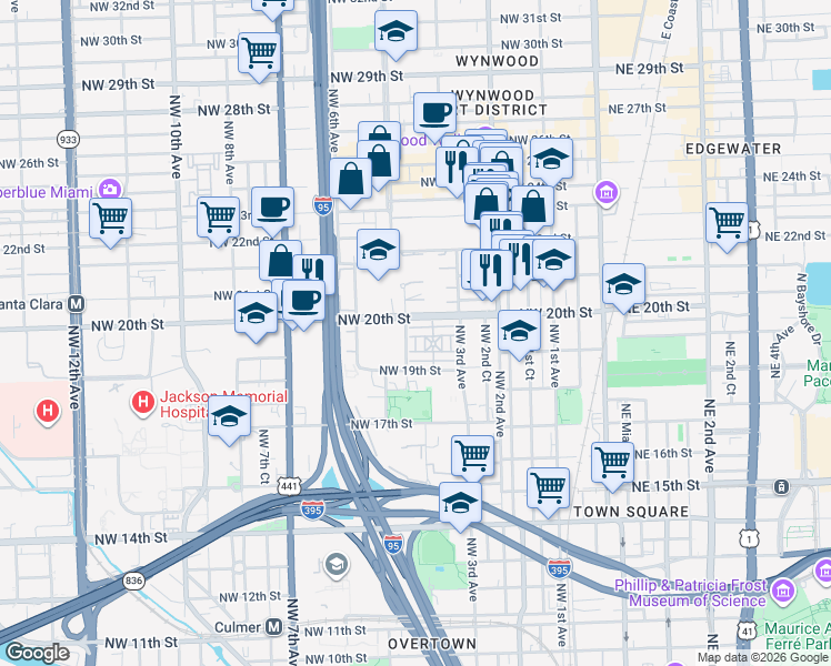 map of restaurants, bars, coffee shops, grocery stores, and more near in Miami