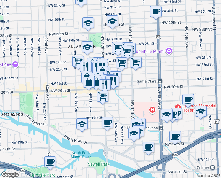 map of restaurants, bars, coffee shops, grocery stores, and more near 1670 Northwest 21st Street in Miami