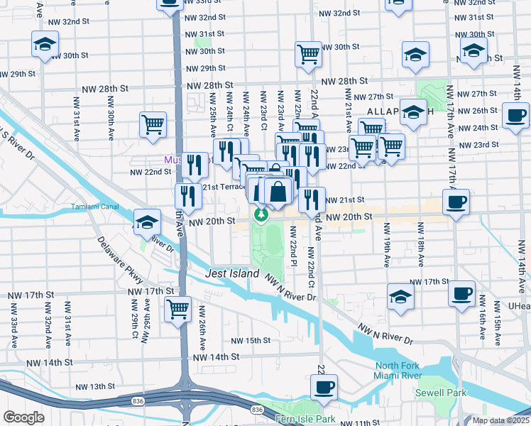 map of restaurants, bars, coffee shops, grocery stores, and more near 2090 Northwest 23rd Avenue in Miami