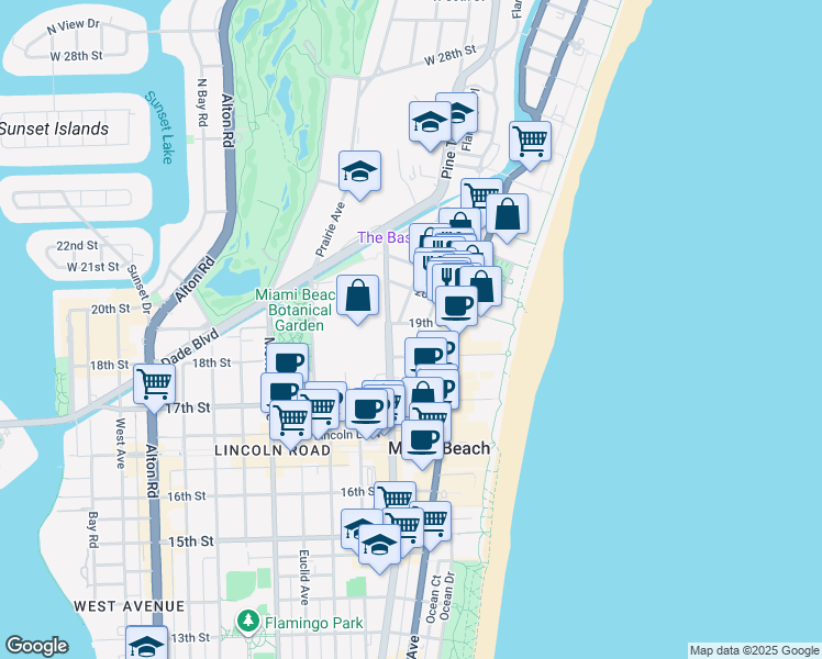 map of restaurants, bars, coffee shops, grocery stores, and more near 1935 Park Avenue in Miami Beach