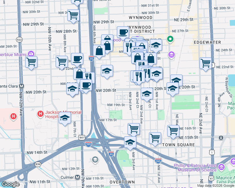 map of restaurants, bars, coffee shops, grocery stores, and more near in Miami