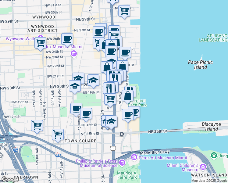 map of restaurants, bars, coffee shops, grocery stores, and more near 2001 Biscayne Boulevard in Miami