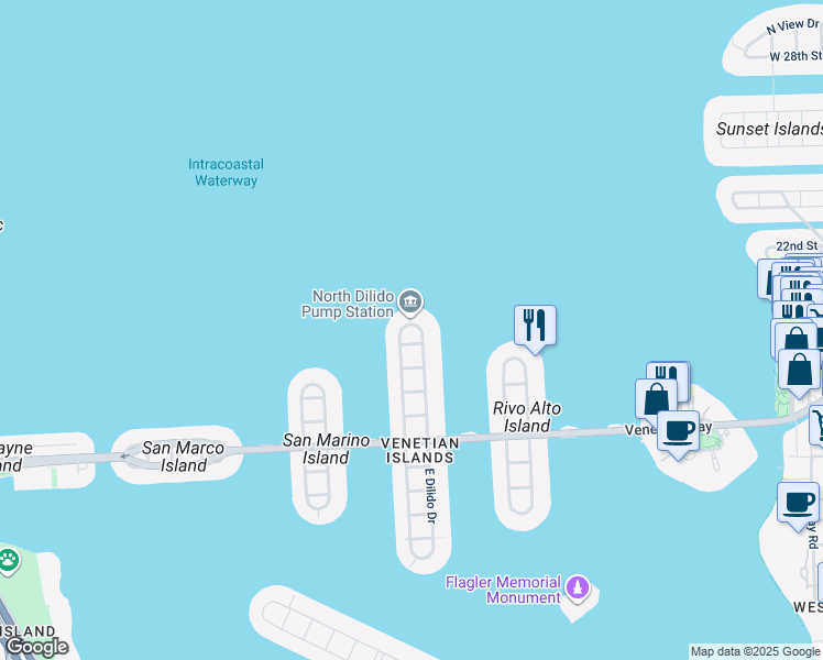 map of restaurants, bars, coffee shops, grocery stores, and more near 835 East Dilido Drive in Miami Beach