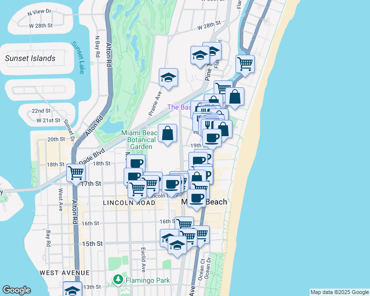 map of restaurants, bars, coffee shops, grocery stores, and more near 1881 Washington Avenue in Miami Beach