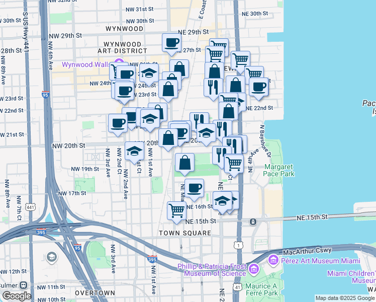 map of restaurants, bars, coffee shops, grocery stores, and more near 67 Northeast Miami Court in Miami
