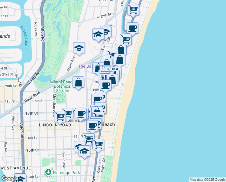 map of restaurants, bars, coffee shops, grocery stores, and more near 100 21st Street in Miami Beach