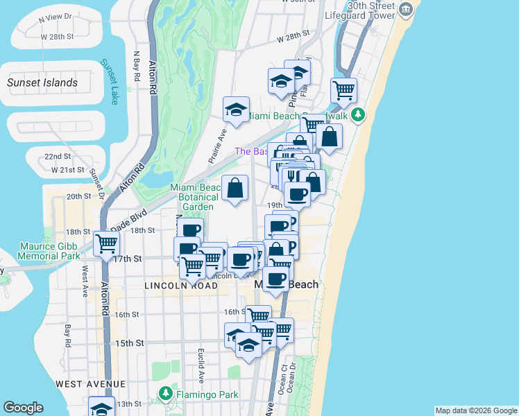 map of restaurants, bars, coffee shops, grocery stores, and more near 1935 Park Avenue in Miami Beach