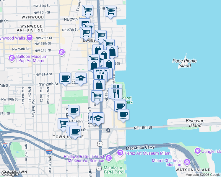 map of restaurants, bars, coffee shops, grocery stores, and more near 1803 North Bayshore Drive in Miami