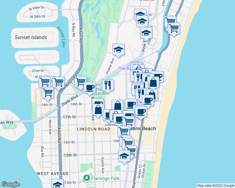 map of restaurants, bars, coffee shops, grocery stores, and more near 1901 Convention Center Drive in Miami Beach