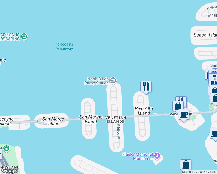 map of restaurants, bars, coffee shops, grocery stores, and more near 830 West Dilido Drive in Miami Beach