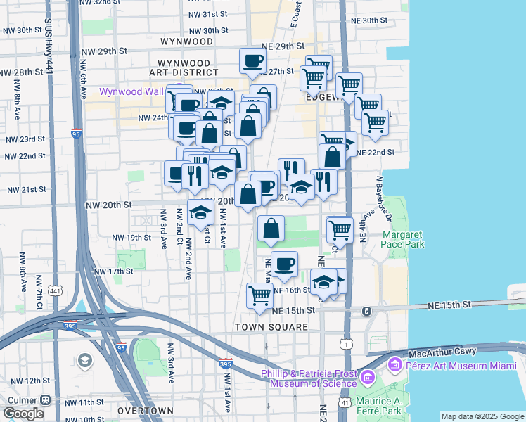map of restaurants, bars, coffee shops, grocery stores, and more near 1930 North Miami Avenue in Miami