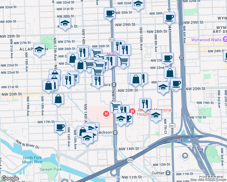 map of restaurants, bars, coffee shops, grocery stores, and more near NW 12th Ave & NW 20th St in Miami
