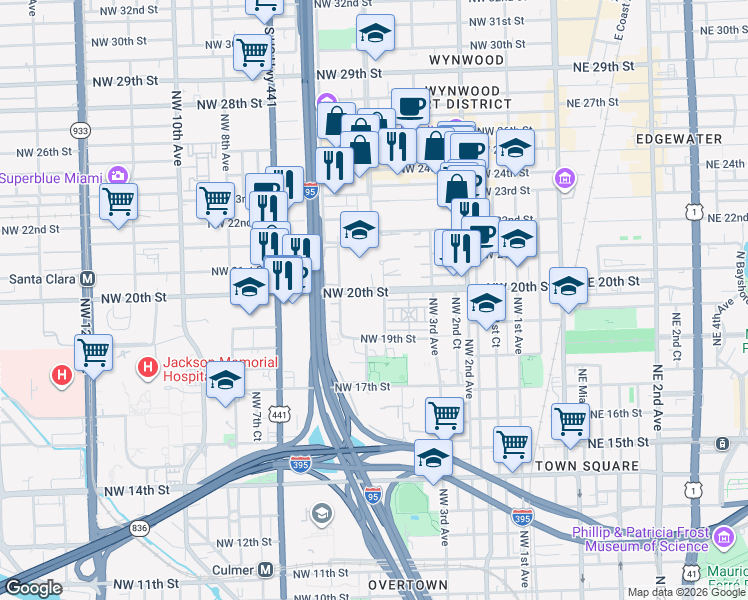 map of restaurants, bars, coffee shops, grocery stores, and more near 505 Northwest 20th Street in Miami