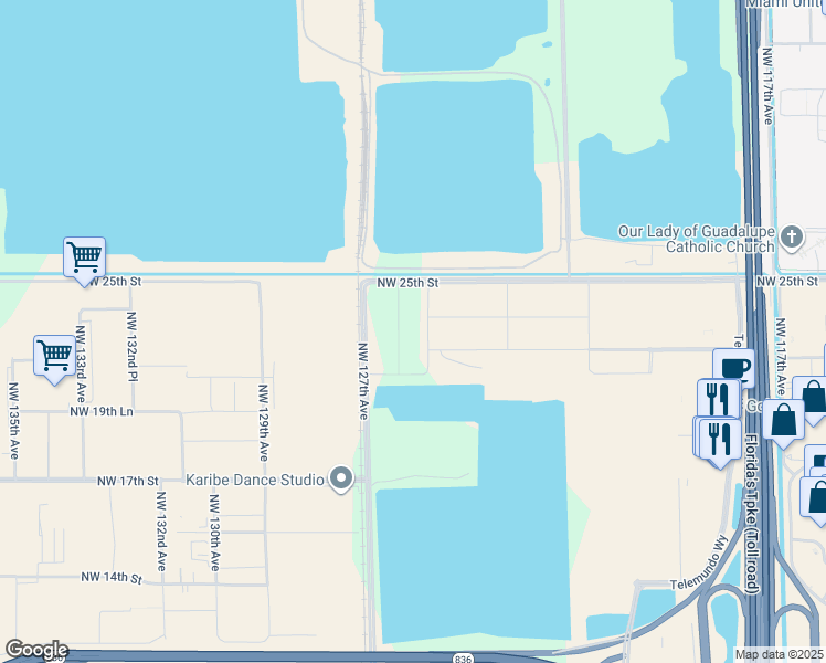 map of restaurants, bars, coffee shops, grocery stores, and more near 12600 Northwest 25th Street in Miami