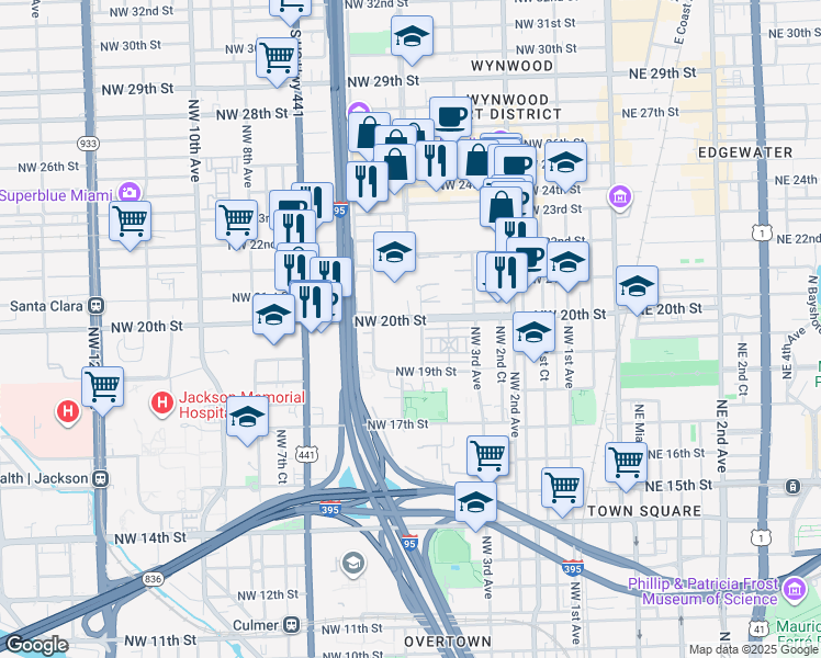 map of restaurants, bars, coffee shops, grocery stores, and more near 505 Northwest 20th Street in Miami