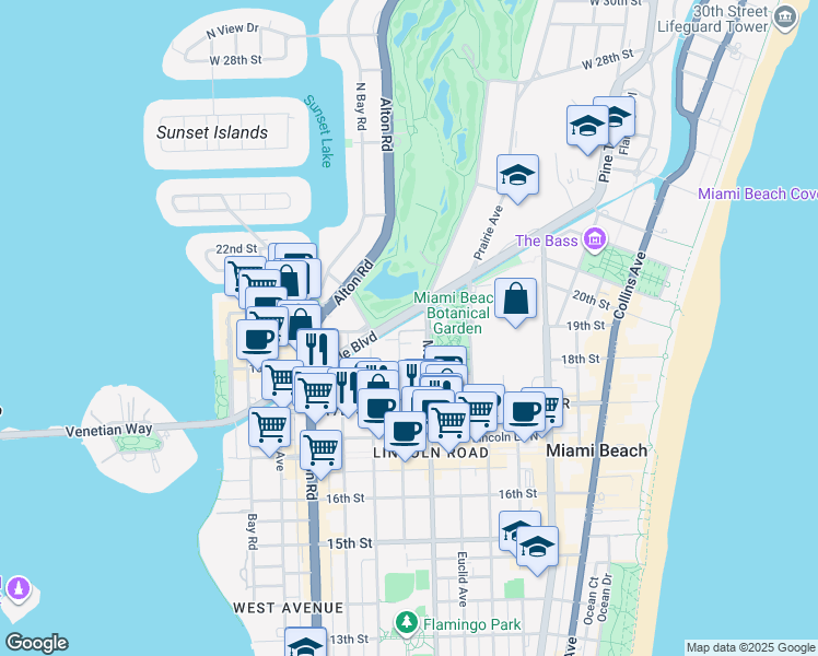 map of restaurants, bars, coffee shops, grocery stores, and more near 1920 Meridian Avenue in Miami Beach