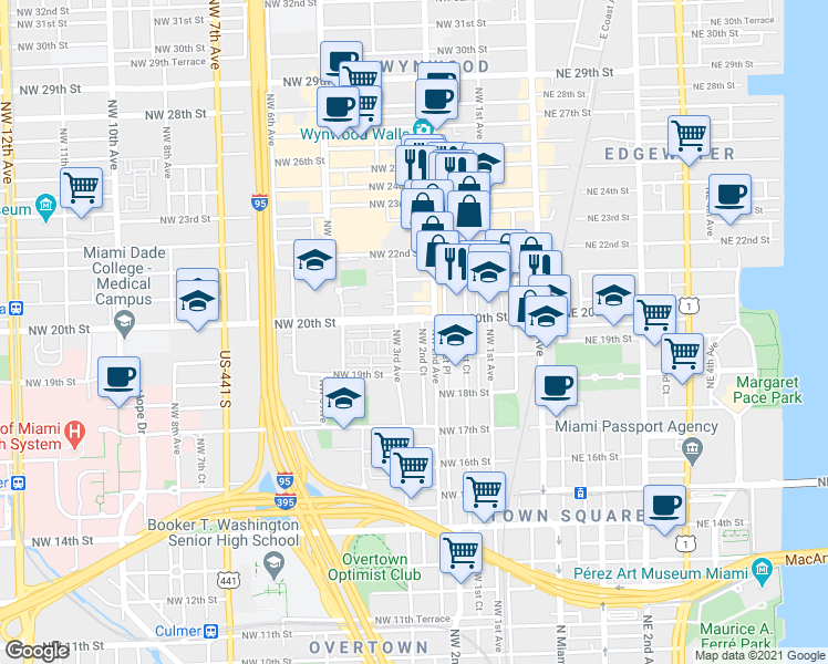 map of restaurants, bars, coffee shops, grocery stores, and more near in Miami