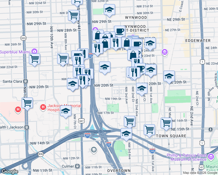 map of restaurants, bars, coffee shops, grocery stores, and more near 505 Northwest 20th Street in Miami