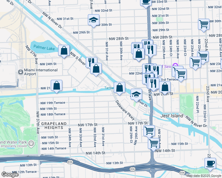 map of restaurants, bars, coffee shops, grocery stores, and more near 3000-3198 Northwest South River Drive in Miami