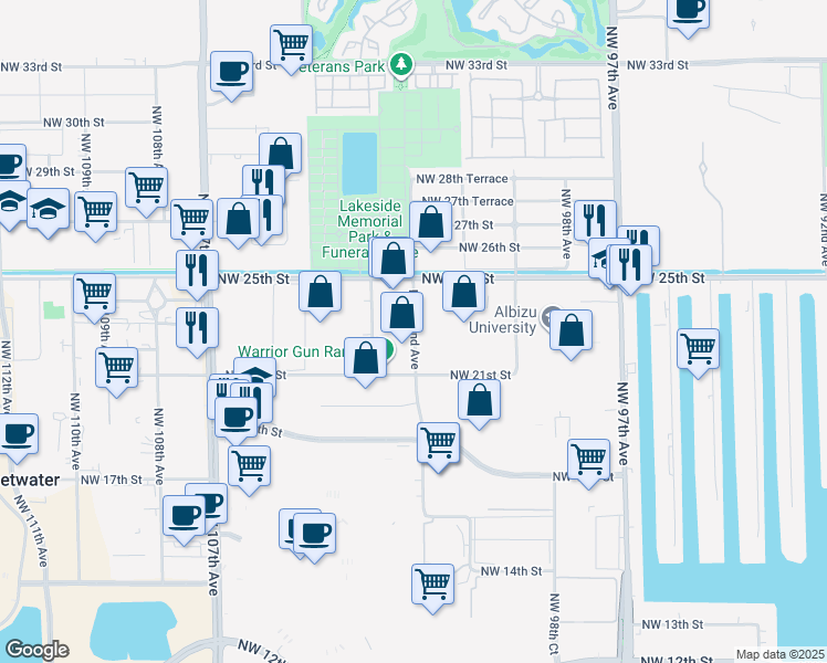map of restaurants, bars, coffee shops, grocery stores, and more near 2330 Northwest 102nd Avenue in Doral