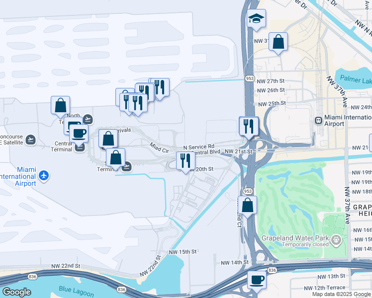 map of restaurants, bars, coffee shops, grocery stores, and more near 4200 Northwest 21st Street in Miami