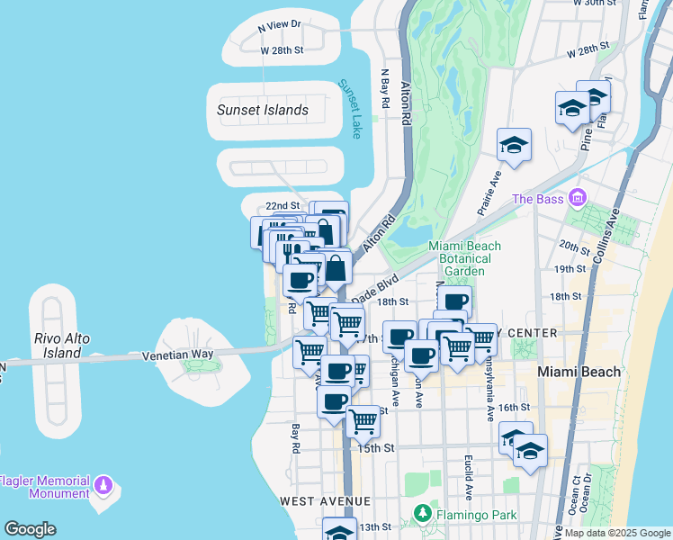 map of restaurants, bars, coffee shops, grocery stores, and more near 106 20th Street in Miami Beach