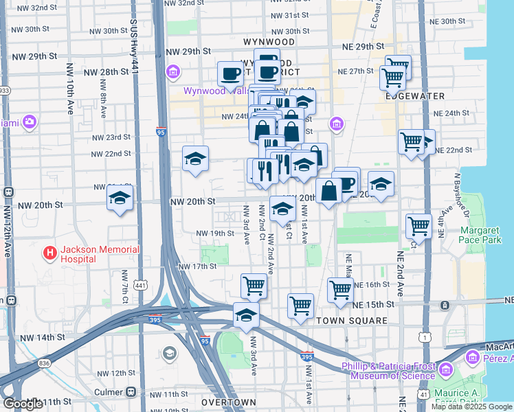 map of restaurants, bars, coffee shops, grocery stores, and more near in Miami