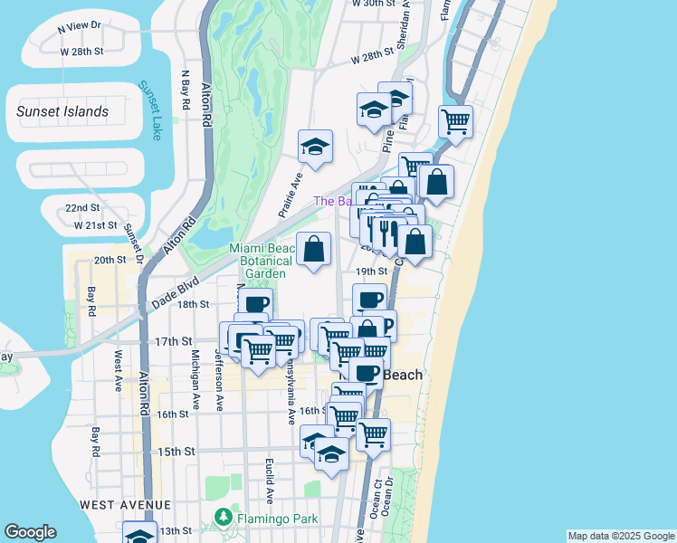 map of restaurants, bars, coffee shops, grocery stores, and more near Washington Ave & 19th St in Miami Beach