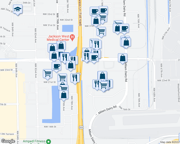 map of restaurants, bars, coffee shops, grocery stores, and more near 7650 Northwest 25th Street in Miami