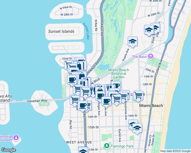 map of restaurants, bars, coffee shops, grocery stores, and more near 1932 Michigan Avenue in Miami Beach