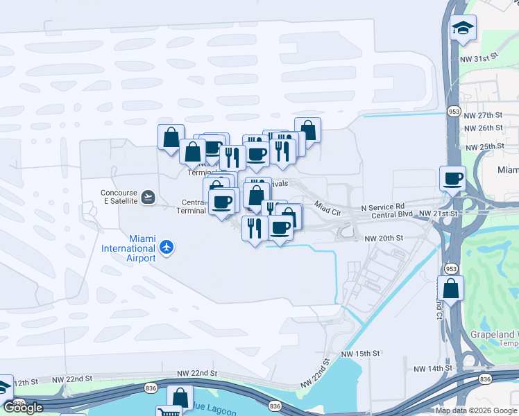 map of restaurants, bars, coffee shops, grocery stores, and more near Miami Airport in Miami