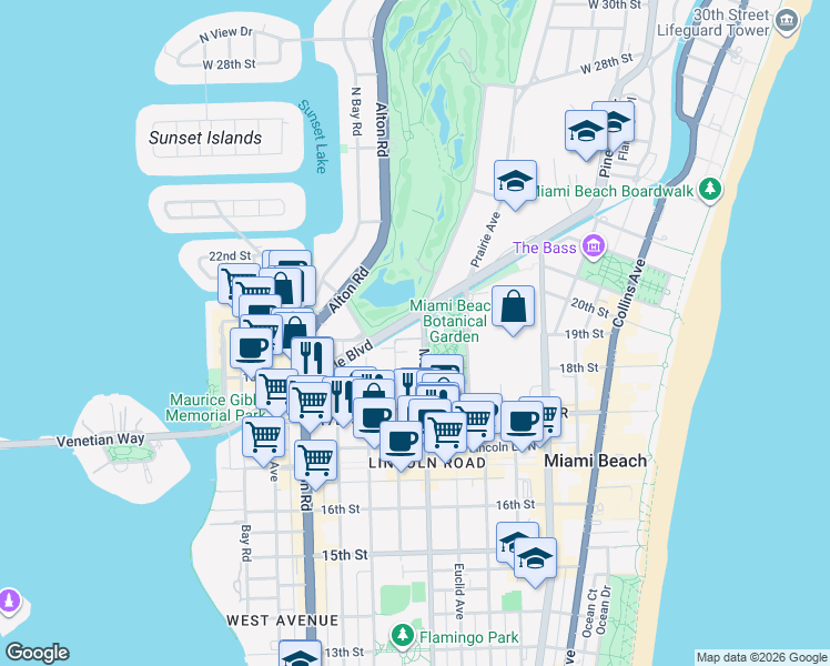 map of restaurants, bars, coffee shops, grocery stores, and more near 1920 Meridian Avenue in Miami Beach