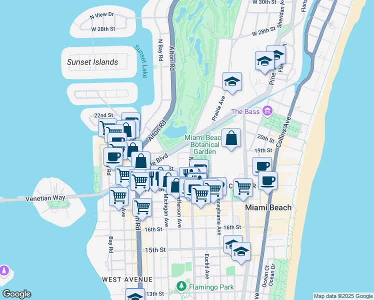 map of restaurants, bars, coffee shops, grocery stores, and more near 1900 Meridian Avenue in Miami Beach