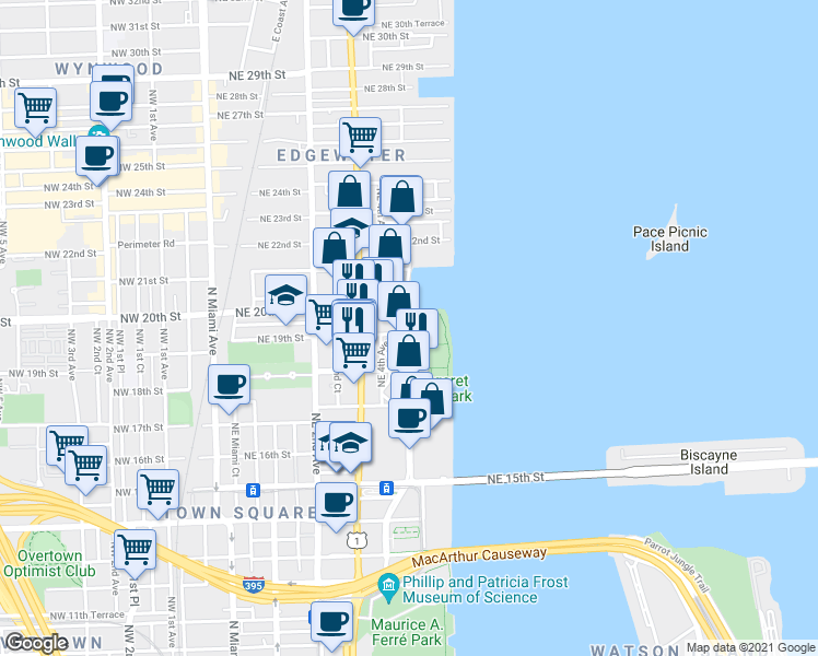 map of restaurants, bars, coffee shops, grocery stores, and more near 1803 North Bayshore Drive in Miami