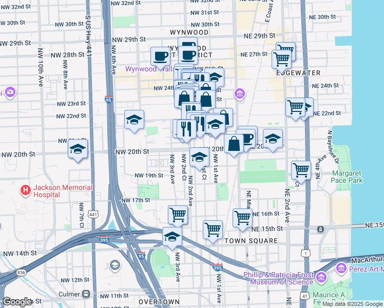 map of restaurants, bars, coffee shops, grocery stores, and more near in Miami